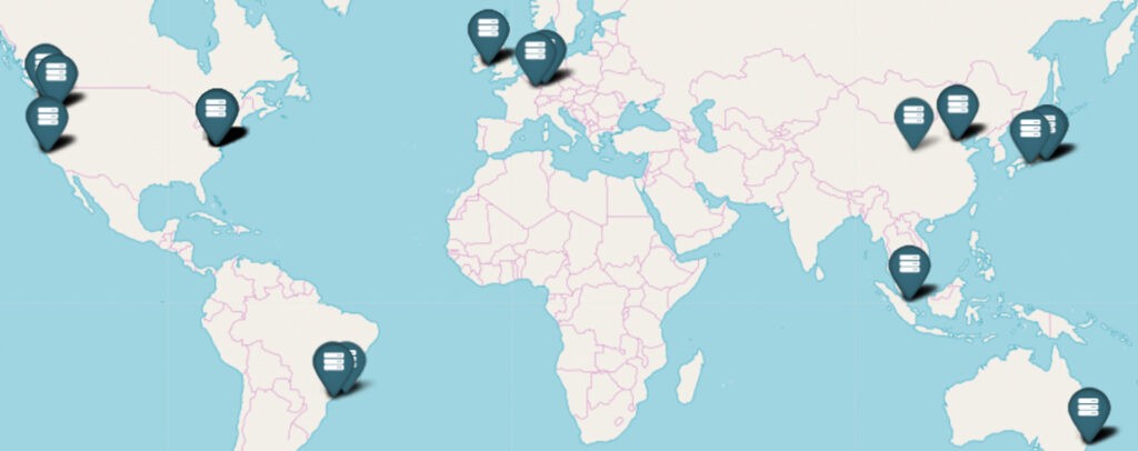 World map with location markers possibly indicating data centers or server locations, relevant to real estate or home improvement interests.